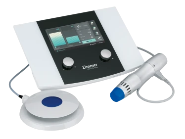 Zimmer MedizinSystems enPuls 2.0 compact radial pulse shockwave therapy system with ergonomic handpiece, touchscreen display, and foot switch.