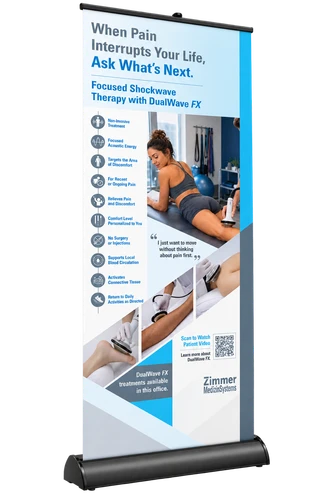 DualWave FX Shockwave Therapy Retractable Waiting Room Banner – 33"W × 80"H. 