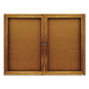 Enclosed Indoor Cork Bulletin Board with Two Hinged Doors, 48" x 36", Tan Surface, Oak Finished Fiberboard (MDF) Frame