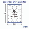 Laser/Inkjet Media Labels, Inkjet/Laser Printers, 2.5" dia, Matte White, 9 Labels/Sheet, 25 Sheets/Pack