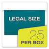 Colored Reinforced Hanging Folders, Legal Size, 1/5-Cut Tabs, Teal, 25/Box