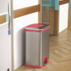 Step Pedal-Sensor Trash Can, 13 gal, Plastic/Stainless Steel, Silver/Red