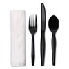 Four-Piece Cutlery Kit, Mediumweight, Fork/Knife/Napkin/Spoon, Plastic, Black, 250/Carton