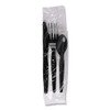 Four-Piece Cutlery Kit, Mediumweight, Fork/Knife/Napkin/Spoon, Plastic, Black, 250/Carton