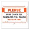 BeSafe Messaging Repositionable Wall/Door Signs, 9 x 6, Please Wipe Down All Surfaces You Touch, White, 30/Carton