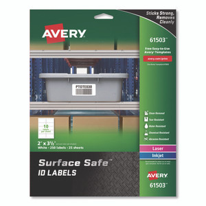 Surface Safe ID Labels, Inkjet/Laser Printers, 2 x 3.5, White, 10/Sheet, 25 Sheets/Pack Surface Safe ID Labels, Inkjet/Laser Printers, 2 x 3.5, White, 10/Sheet, 25 Sheets/Pack
