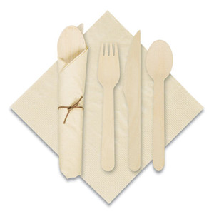 Pre-Rolled Caterwrap Kraft Napkins with Wood Cutlery, Fork/Knife/Napkin/Spoon, Plastic, Brown, 100/Carton Pre-Rolled Caterwrap Kraft Napkins with Wood Cutlery, Fork/Knife/Napkin/Spoon, Plastic, Brown, 100/Carton