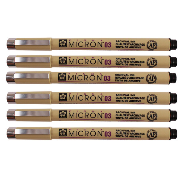 Pigma Micron Pen, Black, 0.35mm Size 03, Pack of 6