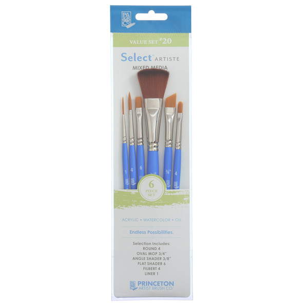 Select Artiste Brush Set No. 20, Synthetic Bristles, Short Handle Mixed Media Paintbrush, Jewel Blue, 6 Pieces