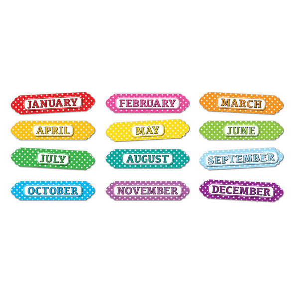 Magnetic Die-Cut Timesavers & Labels, Months of the Year, White Polka Dots On Assorted Colors, 12 Per Pack, 3 Packs