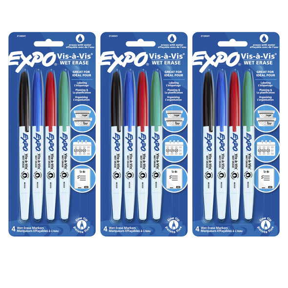Vis-à-Vis Wet Erase Marker Set, Fine Tip, 4 Colors Per Pack, 3 Packs Vis-à-Vis Wet Erase Marker Set, Fine Tip, 4 Colors Per Pack, 3 Packs