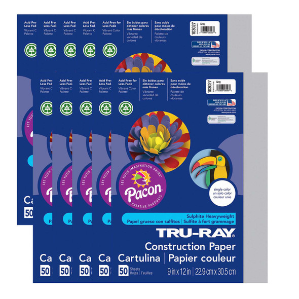 Construction Paper, Heavyweight, Gray, 9" x 12", 50 Sheets Per Pack, 10 Packs