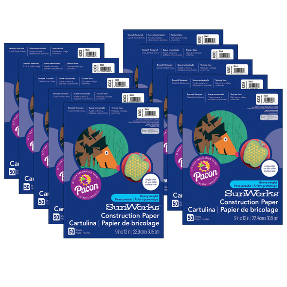 Construction Paper, Medium Weight, Black, 9" x 12", 50 Sheets Per Pack, 10 Packs