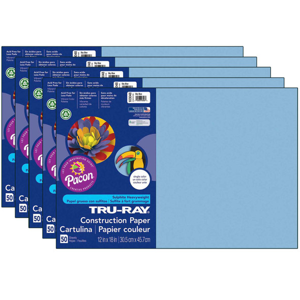 Construction Paper, Heavyweight, Sky Blue, 12" x 18", 50 Sheets Per Pack, 5 Packs
