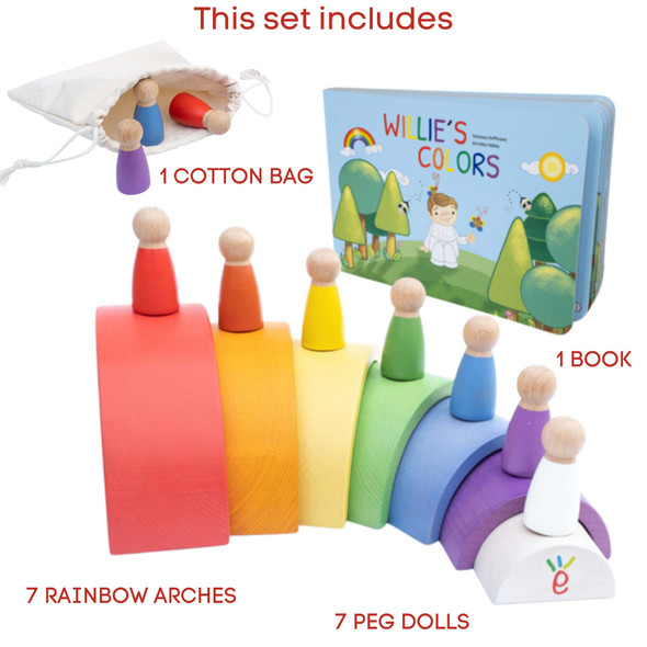 Willie's Rainbow World Wooden Arches And Peg Dolls Set With Book Willie's Rainbow World Wooden Arches And Peg Dolls Set With Book