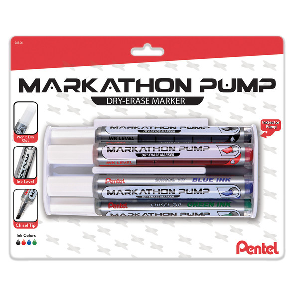 Markathon Pump Dry Erase Marker, Chisel Tip, Assorted Colors, 4-Pack with Eraser