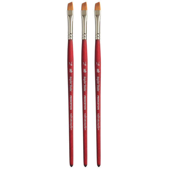 Velvetouch Angle Shader Brush, Synthetic Bristles, Short Handle Mixed Media Paintbrush, Scarlet, Size 1/4 inch, Pack of 3
