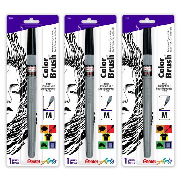 Color Brush with Pigment Ink, Medium Tip, Black, Pack of 3