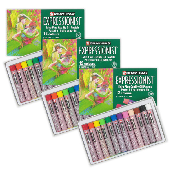 Cray-Pas Expressionist Oil Pastels, Assorted Colors, 12 Per Set, 3 Sets