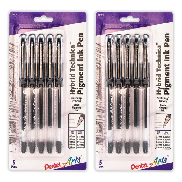 Hybrid Technica Gel Pen, Assorted Tip Sizes (0.05, 0.1, 0.3, 0.5, 0.8), Black Ink, 5 Per Pack, 2 Packs
