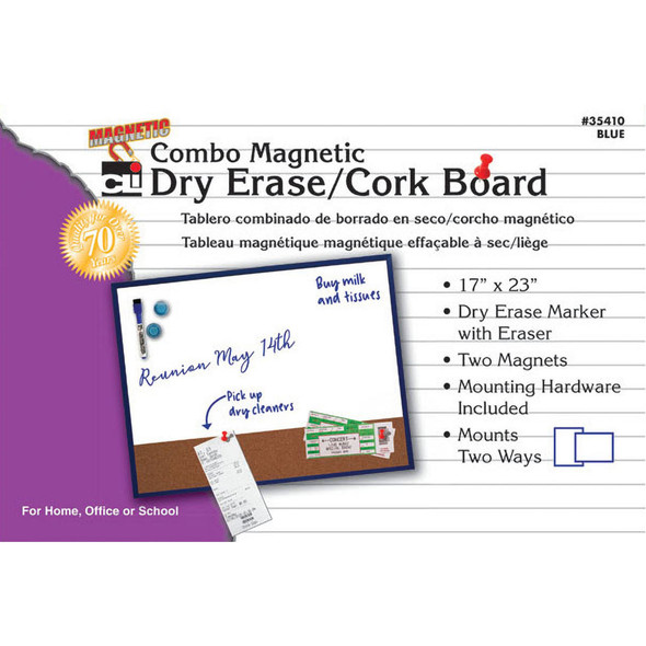 Magnetic Dry Erase Board with Cork Board, 17" x 23", w/Eraser/Marker and 2 Magnets, Blue Frame, 1 Each Magnetic Dry Erase Board with Cork Board, 17" x 23", w/Eraser/Marker and 2 Magnets, Blue Frame, 1 Each