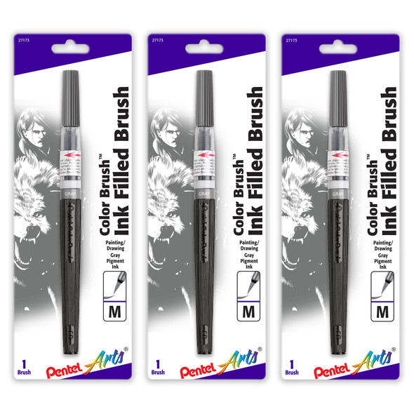 Color Brush with Water-Based Ink, Medium Tip, Gray, Pack of 3