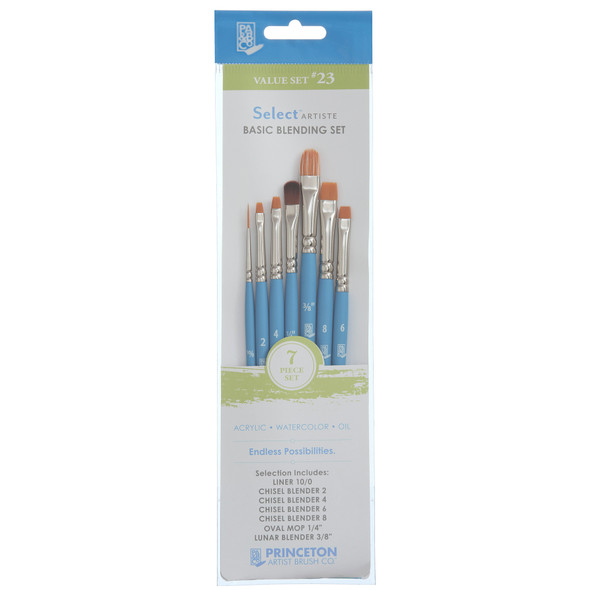 Select Artiste Brush Set No. 23, Synthetic Bristles, Short Handle Mixed Media Paintbrush, Jewel Blue, 7 Pieces