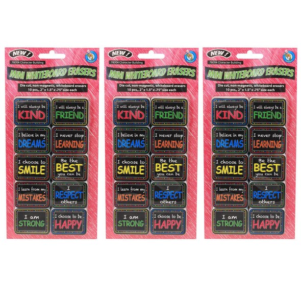 Non-Magnetic Mini Whiteboard Erasers, Character Building, 10 Per Pack, 3 Packs