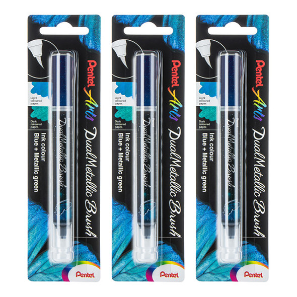DualMetallic Brush, Blue/Metallic Green Ink, Pack of 3