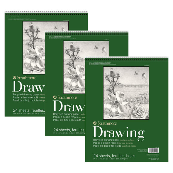 400 Series Drawing Pad, Recycled, Top Wire Binding, 24 Sheet, 14x17 inch, Pack of 3