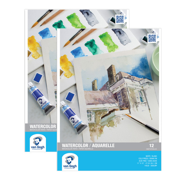 Watercolor Paper Pad, 140lbs, Cold Press, 11" x 15", 12 Sheets, Pack of 2