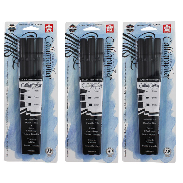 Pigma Calligrapher, Black, Assorted Sizes, 3 Per Set, 3 Sets