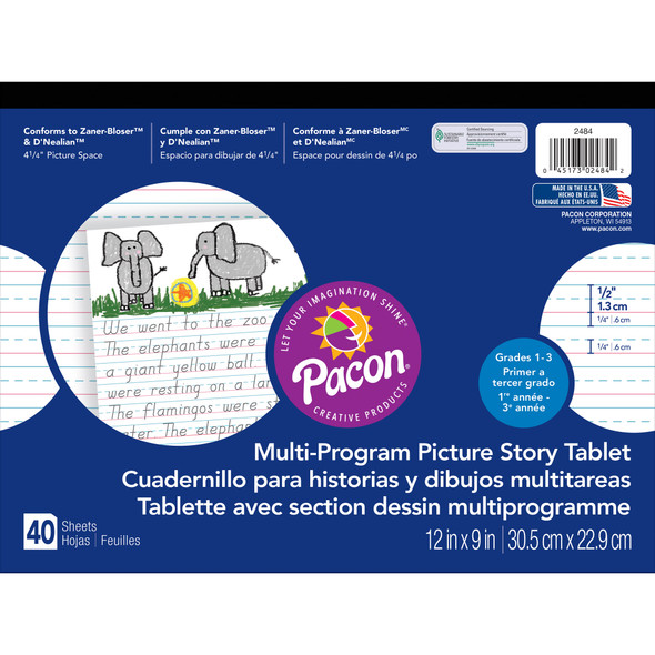 Multi-Program Handwriting Tablet, D'Nealian/Zaner-Bloser, 1/2" x 1/4" x 1/4" Ruled & 4-1/4" Picture Story Space, 12" x 9", 40 Sheets, Pack of 6