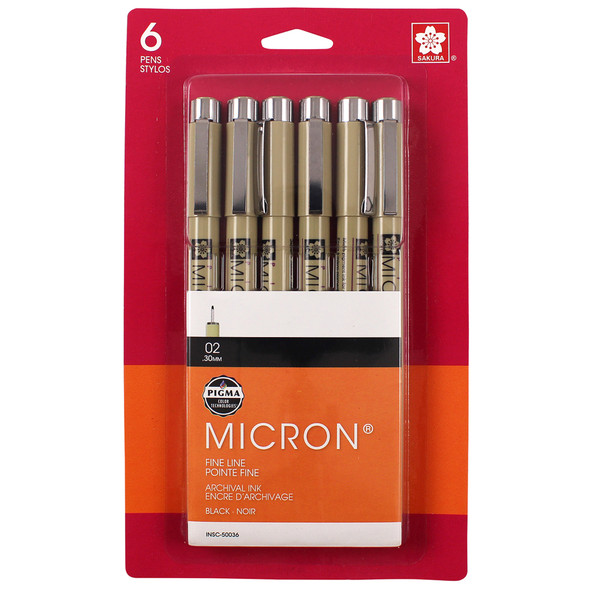 Pigma Micron Pens, Black, Size 02, 6-Pack, Blister Card