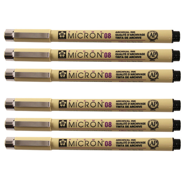 Pigma Micron Pen, Black, 0.50mm Size 08, Pack of 6