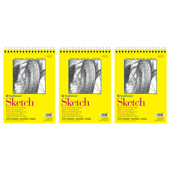 300 Series Sketch Pad, Side Wire Binding, 100 Sheets, 9x12 inch, Pack of 3