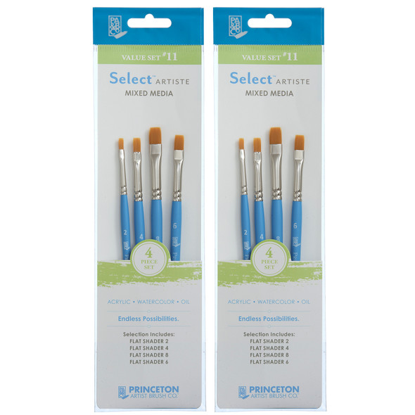 Select Artiste Brush Set No. 11, Synthetic Bristles, Short Handle Mixed Media Paintbrush, Jewel Blue, 4 Per Set, 2 Sets