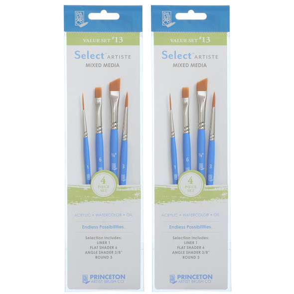 Select Artiste Brush Set No. 13, Synthetic Bristles, Short Handle Mixed Media Paintbrush, Jewel Blue, 4 Per Set, 2 Sets