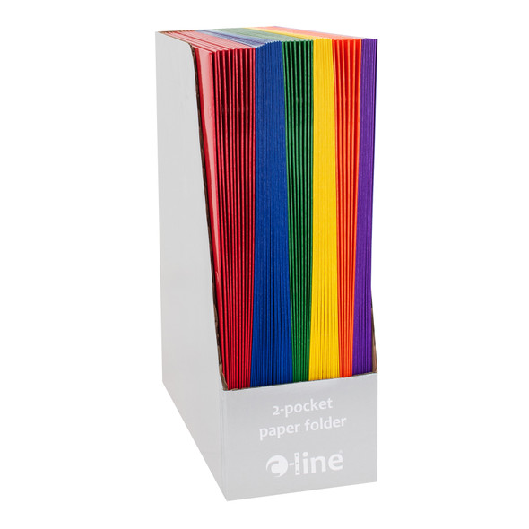 2-Pocket Laminated Paper Folder with 3-Hole Punch, Assorted Primary Colors, Pack of 50