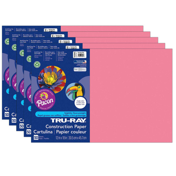 Construction Paper, Heavyweight, Shocking Pink, 12" x 18", 50 Sheets Per Pack, 5 Packs