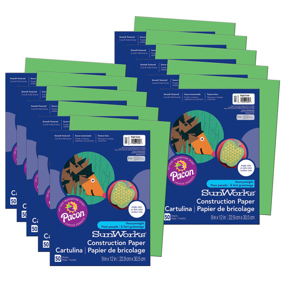 Construction Paper, Medium Weight, Bright Green, 9" x 12", 50 Sheets Per Pack, 10 Packs