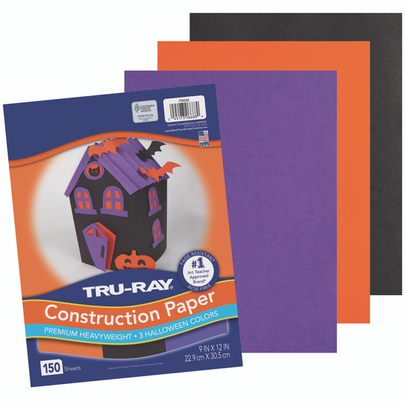 Construction Paper, Heavyweight, Halloween Assortment, Black, Orange, Purple, 9" x 12", 150 sheets Per Pack, 3 Packs