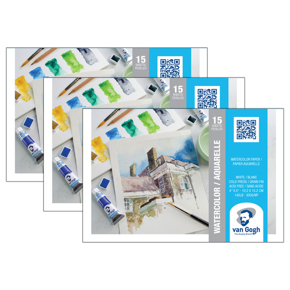 Watercolor Paper Pad, 140lbs, Cold Press, 4" x 6", 15 Sheets, Pack of 3