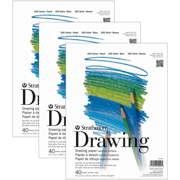 200 Series Drawing Pad, 40 Sheet, 9x12 inch, Pack of 3