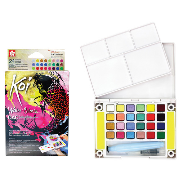 Koi Water Colors Field Sketch Box with Brush, 24 Creative Art Colors