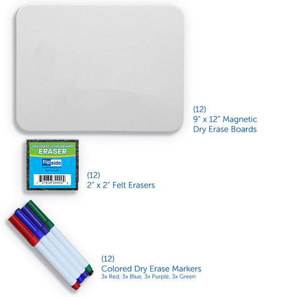Dry Erase Boards (9" x 12") with Colored Pens & Erasers, Set of 12 Dry Erase Boards (9" x 12") with Colored Pens & Erasers, Set of 12