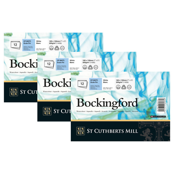 Bockingford Watercolor Pad, Cold Pressed, Glue Binding, 140lb/300gsm, 12 Sheet, 5x70 inch, Pack of 3