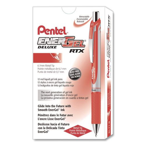EnerGel RTX Retractable Liquid Gel Pen, (0.7mm) Metal Tip, Medium Line, Red Ink, 1 Dozen