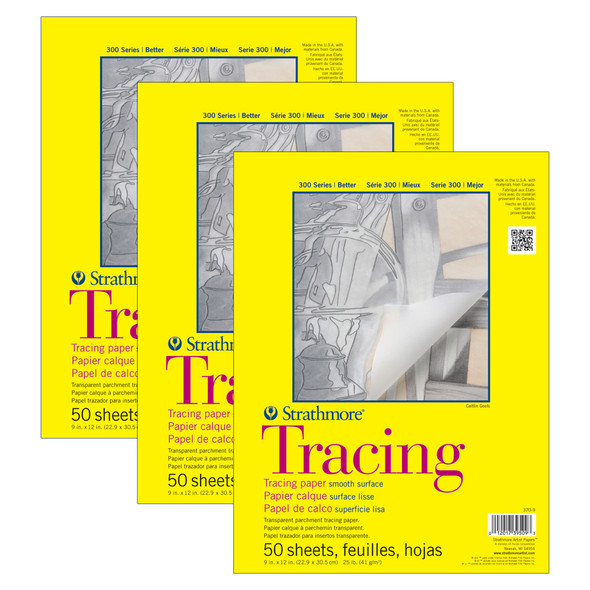 300 Series Tracing Pad, Tape Binding, 50 Sheet, 9x12 inch, Pack of 3