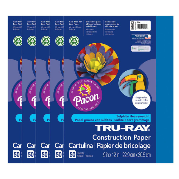 Construction Paper, Heavyweight, Blue, 9" x 12", 50 Sheets Per Pack, 5 Packs